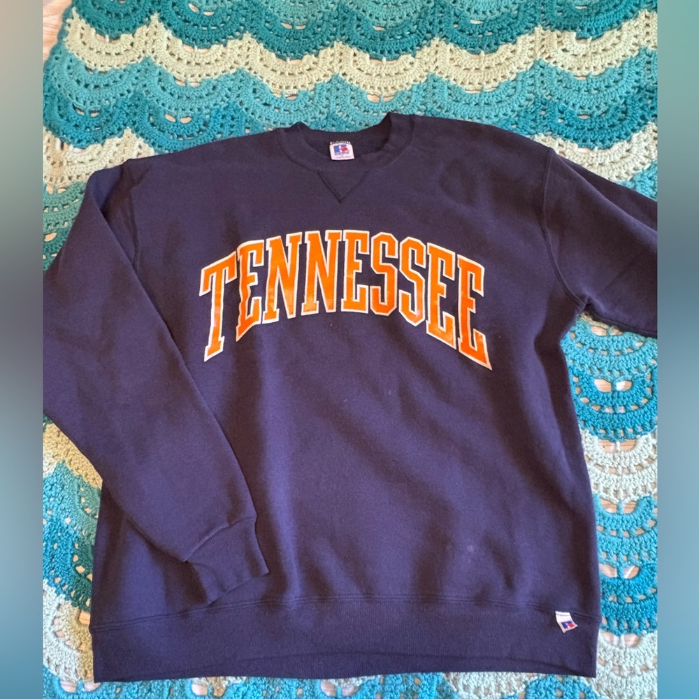 Russell Athletic Navy Crewneck Sweater with Orange Lettering